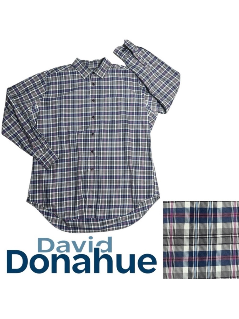David Donahue big and tall XXL Gray Pink Blue Plaid Button Down Dress Shirt - Picture 2 of 11